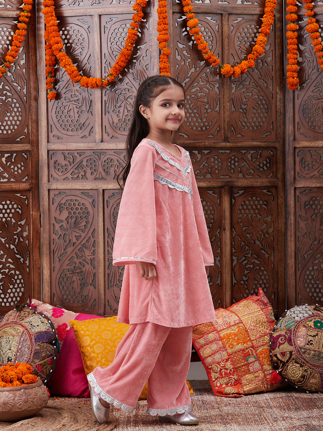 Girls Regular Gotta Patti Velvet Kurta with Salwar (KS-PEACHVELVET)