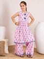 Girls Ethnic Motifs Printed Pleated A-Line Pure Cotton Kurta with Palazzo (KS-PINKBLUELEAF)