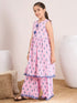 Girls Ethnic Motifs Printed Pleated A-Line Pure Cotton Kurta with Palazzo (KS-PINKBLUELEAF)