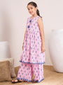 Girls Ethnic Motifs Printed Pleated A-Line Pure Cotton Kurta with Palazzo (KS-PINKBLUELEAF)