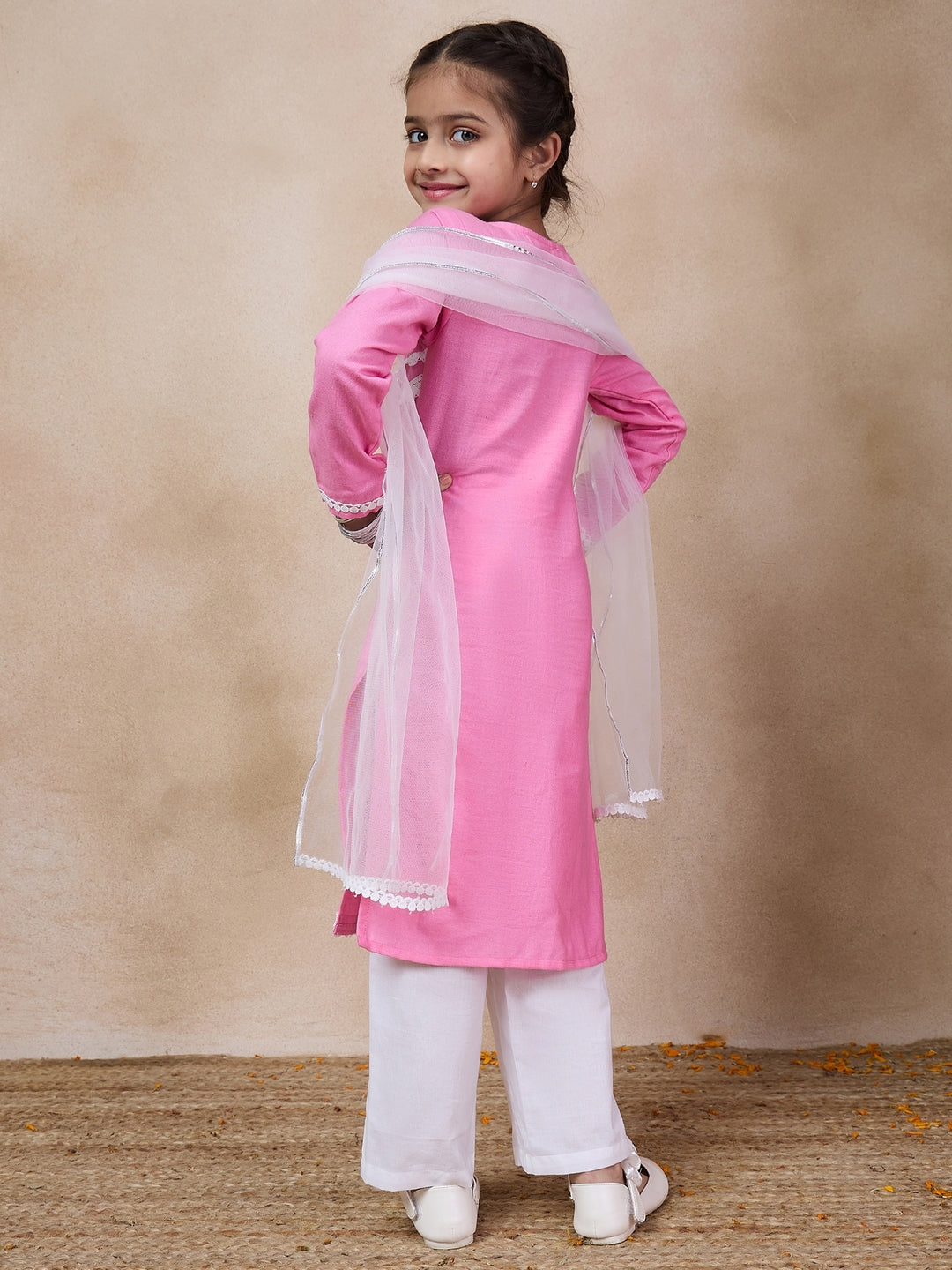 Girls Floral Embroidered Round Neck Straight Kurta With Trousers Dupatta (KS-PINKEMB)