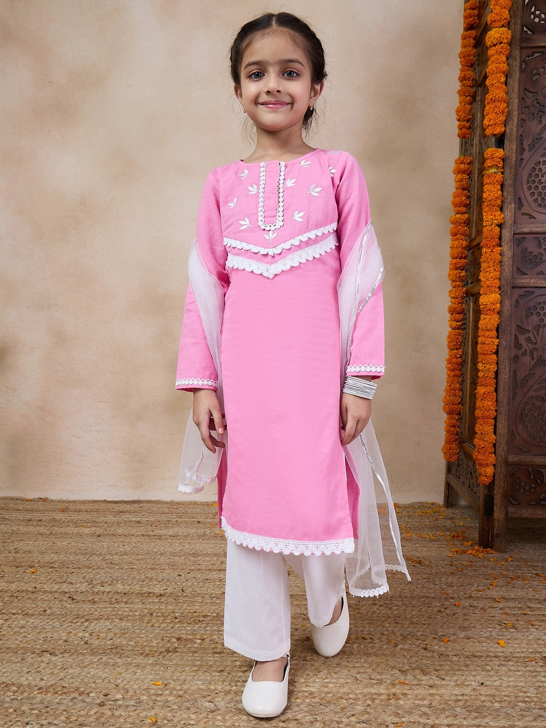 Girls Floral Embroidered Round Neck Straight Kurta With Trousers Dupatta (KS-PINKEMB)