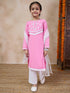 Girls Floral Embroidered Round Neck Straight Kurta With Trousers Dupatta (KS-PINKEMB)