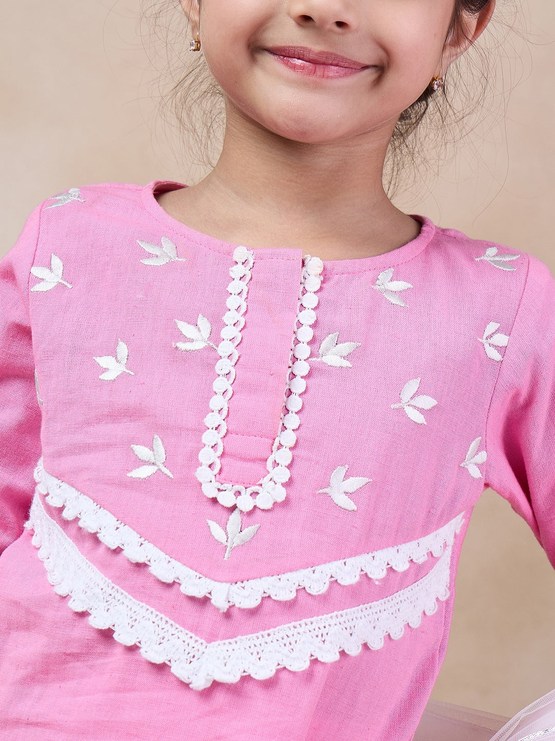 Girls Floral Embroidered Round Neck Straight Kurta With Trousers Dupatta (KS-PINKEMB)
