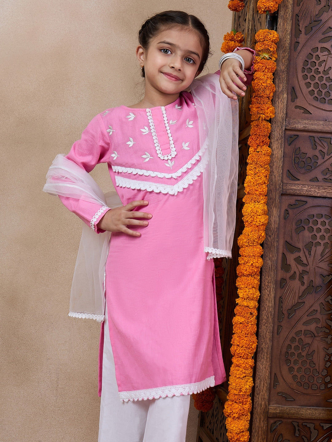 Girls Floral Embroidered Round Neck Straight Kurta With Trousers Dupatta (KS-PINKEMB)