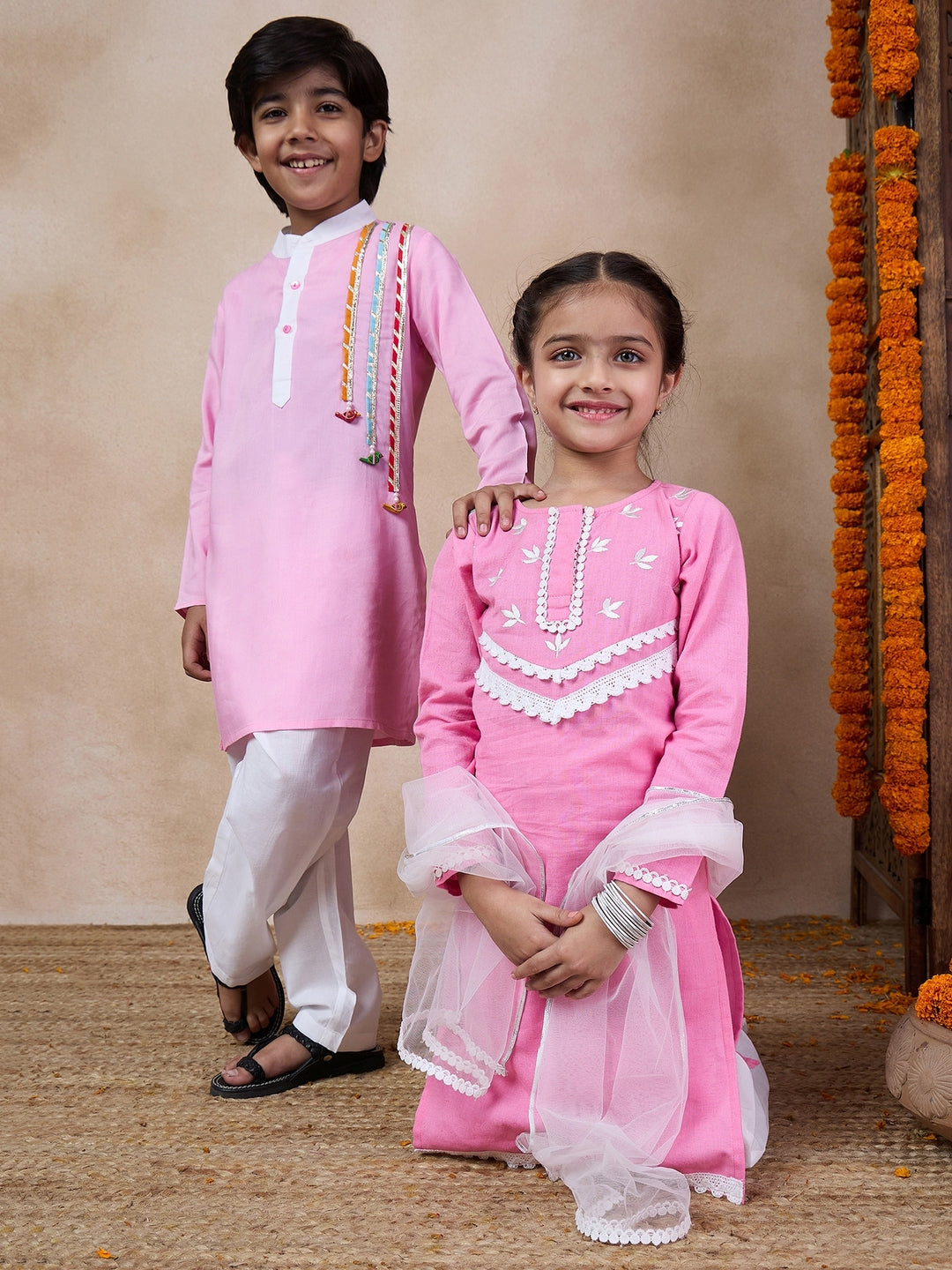 Girls Floral Embroidered Round Neck Straight Kurta With Trousers Dupatta (KS-PINKEMB)
