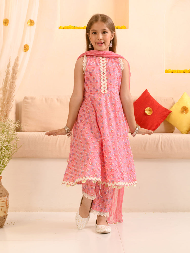 Girls Floral Printed Pure Cotton Kurta with Trousers & With Dupatta (KS-PINKKINGRILACE)