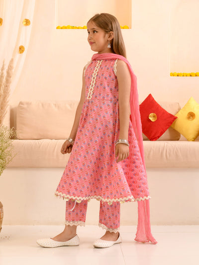 Girls Floral Printed Pure Cotton Kurta with Trousers & With Dupatta (KS-PINKKINGRILACE)