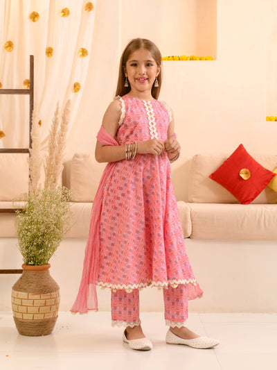 Girls Floral Printed Pure Cotton Kurta with Trousers & With Dupatta (KS-PINKKINGRILACE)