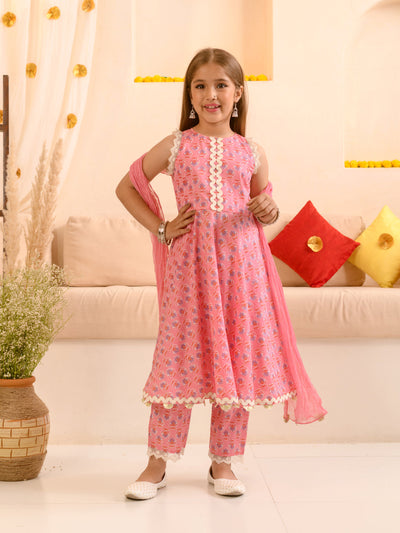 Girls Floral Printed Pure Cotton Kurta with Trousers & With Dupatta (KS-PINKKINGRILACE)