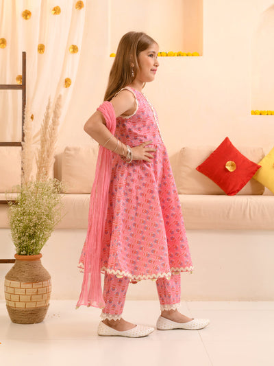 Girls Floral Printed Pure Cotton Kurta with Trousers & With Dupatta (KS-PINKKINGRILACE)