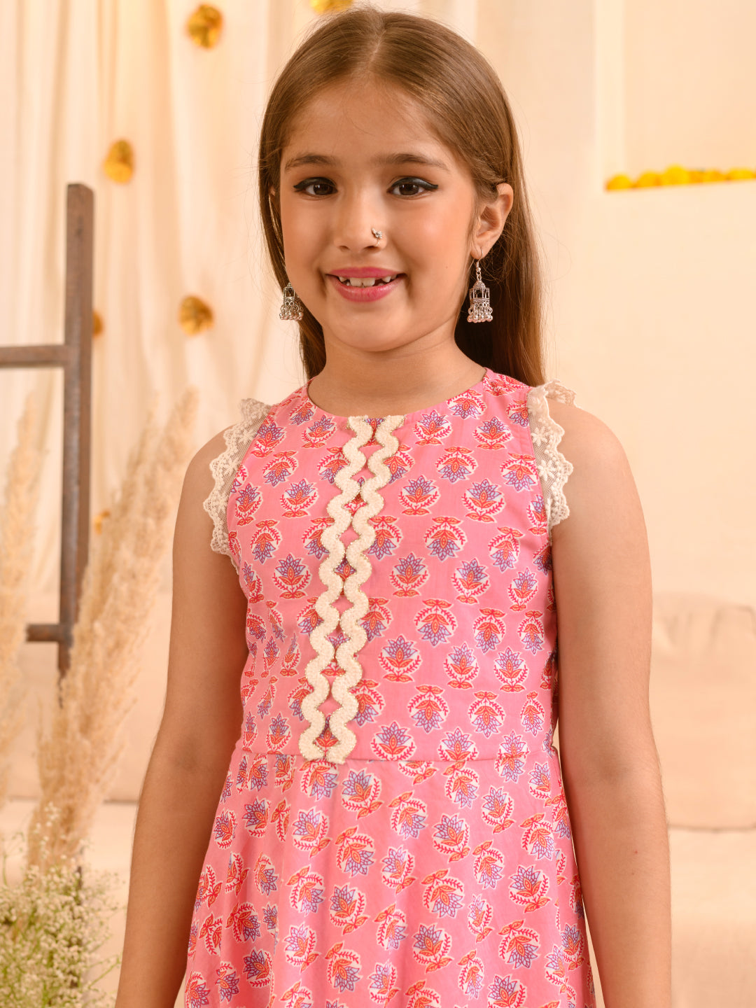 Girls Floral Printed Pure Cotton Kurta with Trousers & With Dupatta (KS-PINKKINGRILACE)