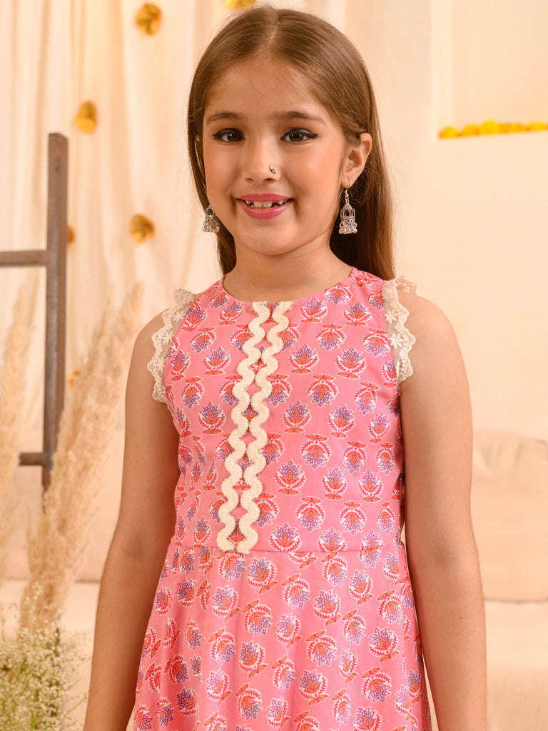 Girls Floral Printed Pure Cotton Kurta with Trousers & With Dupatta (KS-PINKKINGRILACE)