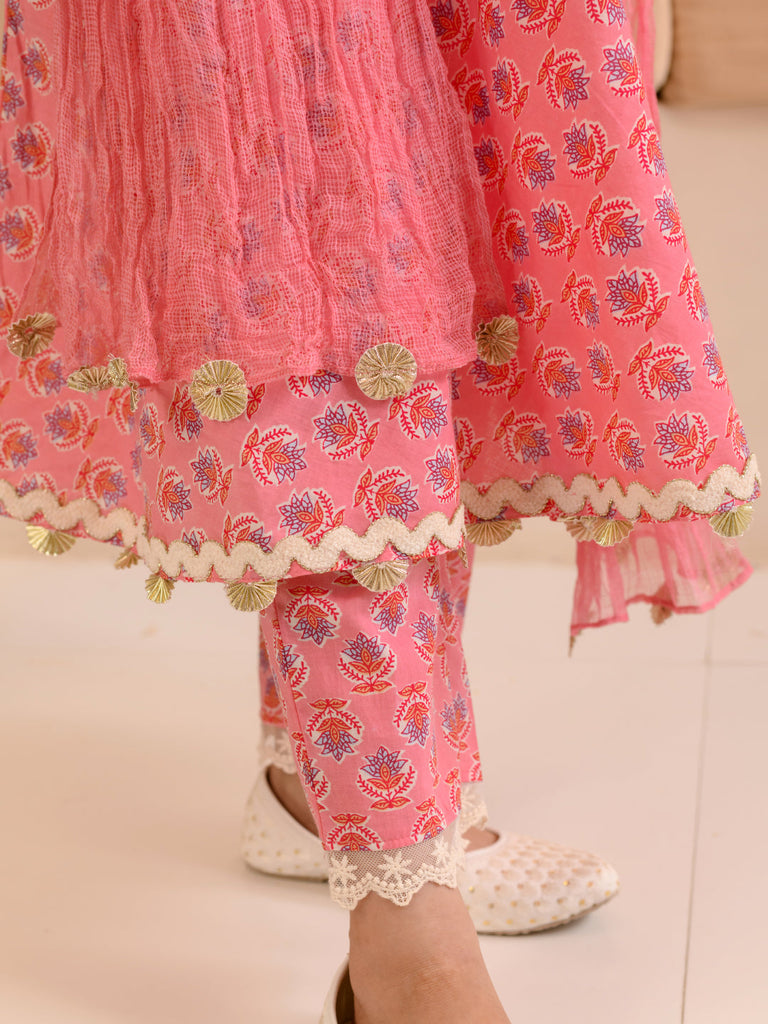 Girls Floral Printed Pure Cotton Kurta with Trousers & With Dupatta (KS-PINKKINGRILACE)