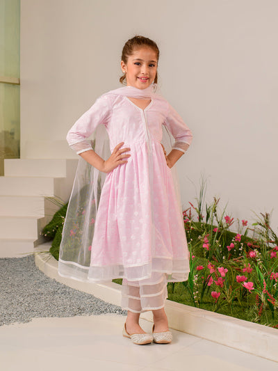 Girls Pink Ethnic Motifs Printed Regular Pure Cotton Kurta with Palazzos & With Dupatta (KS-PINKOFFWHITE)
