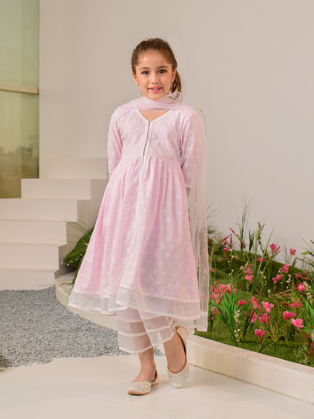 Girls Pink Ethnic Motifs Printed Regular Pure Cotton Kurta with Palazzos & With Dupatta (KS-PINKOFFWHITE)
