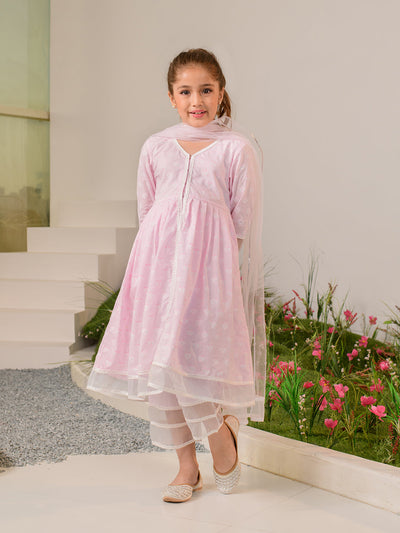 Girls Pink Ethnic Motifs Printed Regular Pure Cotton Kurta with Palazzos & With Dupatta (KS-PINKOFFWHITE)
