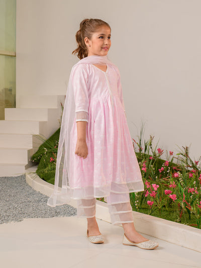 Girls Pink Ethnic Motifs Printed Regular Pure Cotton Kurta with Palazzos & With Dupatta (KS-PINKOFFWHITE)