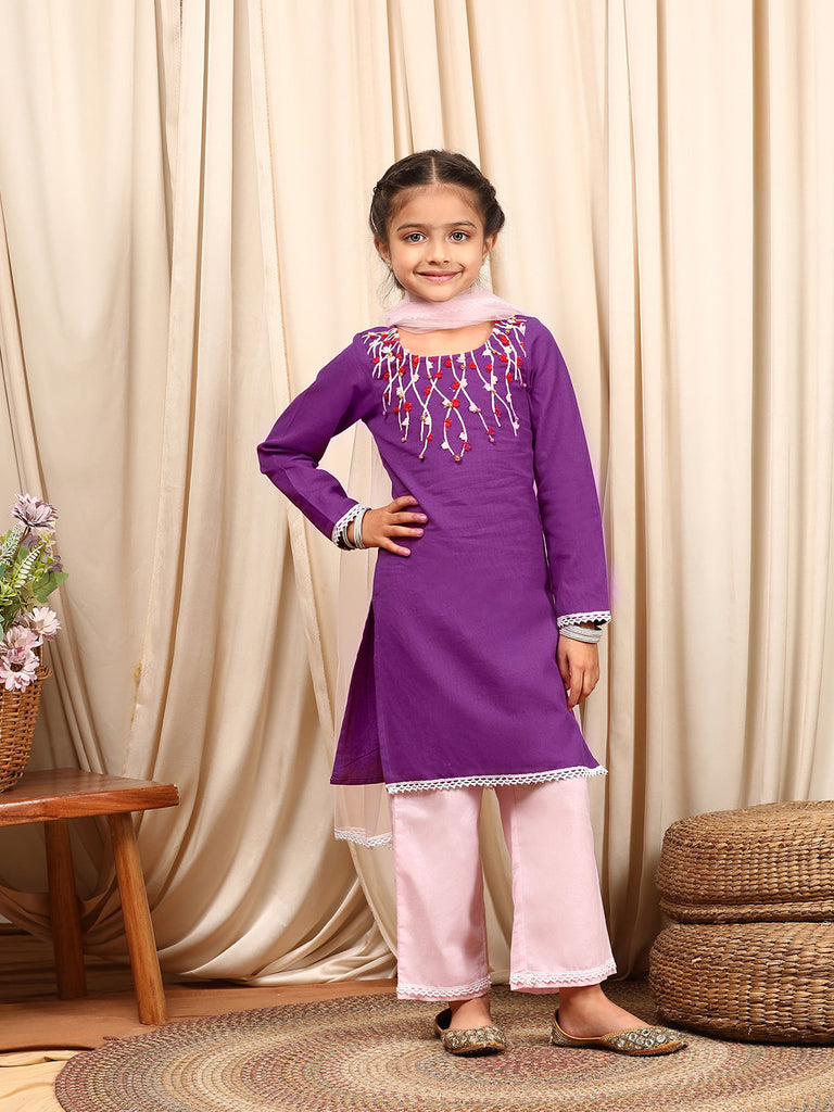 Girls Round Neck Long Sleeves Straight Kurta With Palazzo Dupatta (KS-PURPLEEMB)