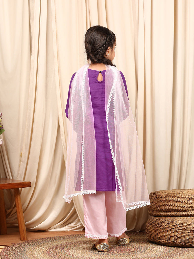 Girls Round Neck Long Sleeves Straight Kurta With Palazzo Dupatta (KS-PURPLEEMB)