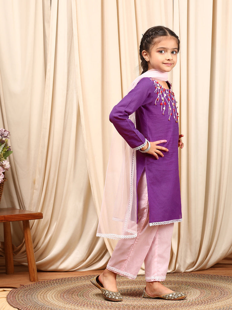 Girls Round Neck Long Sleeves Straight Kurta With Palazzo Dupatta (KS-PURPLEEMB)