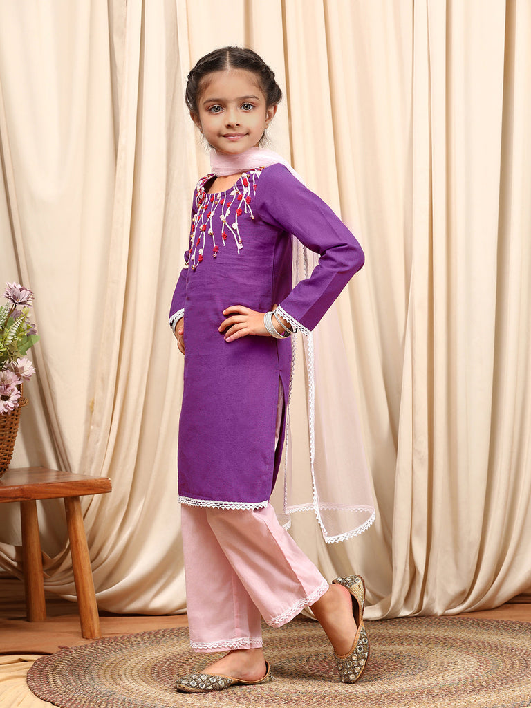 Girls Round Neck Long Sleeves Straight Kurta With Palazzo Dupatta (KS-PURPLEEMB)
