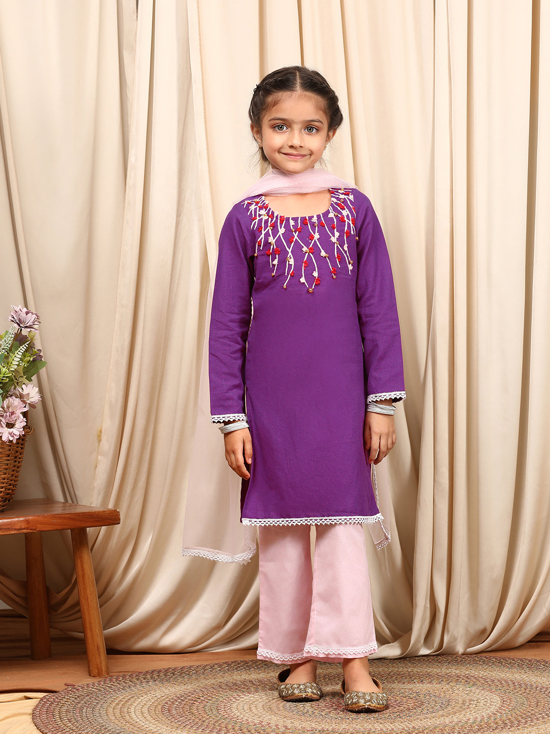 Girls Round Neck Long Sleeves Straight Kurta With Palazzo Dupatta (KS-PURPLEEMB)
