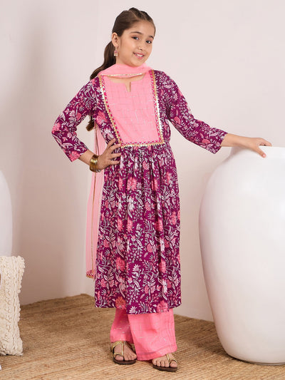 Girls Floral Printed Empire A-Line Pure Cotton Kurta with Palazzos & Dupatta (KS-PURPLELUREX)