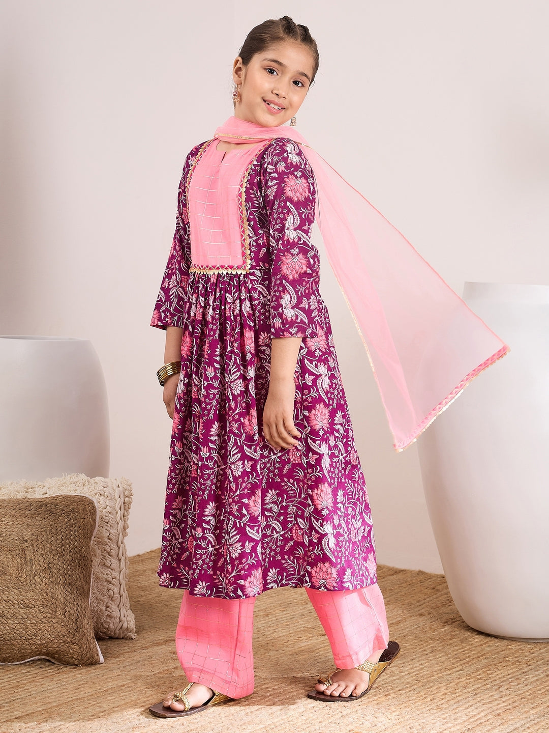 Girls Floral Printed Empire A-Line Pure Cotton Kurta with Palazzos & Dupatta (KS-PURPLELUREX)