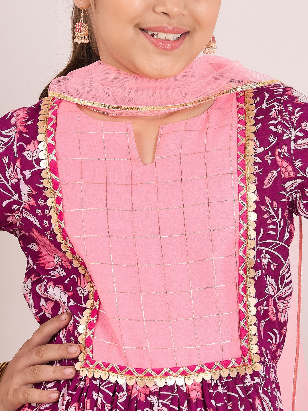 Girls Floral Printed Empire A-Line Pure Cotton Kurta with Palazzos & Dupatta (KS-PURPLELUREX)