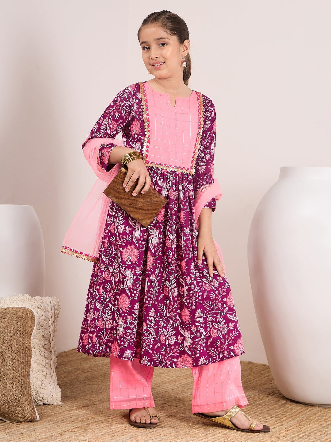 Girls Floral Printed Empire A-Line Pure Cotton Kurta with Palazzos & Dupatta (KS-PURPLELUREX)