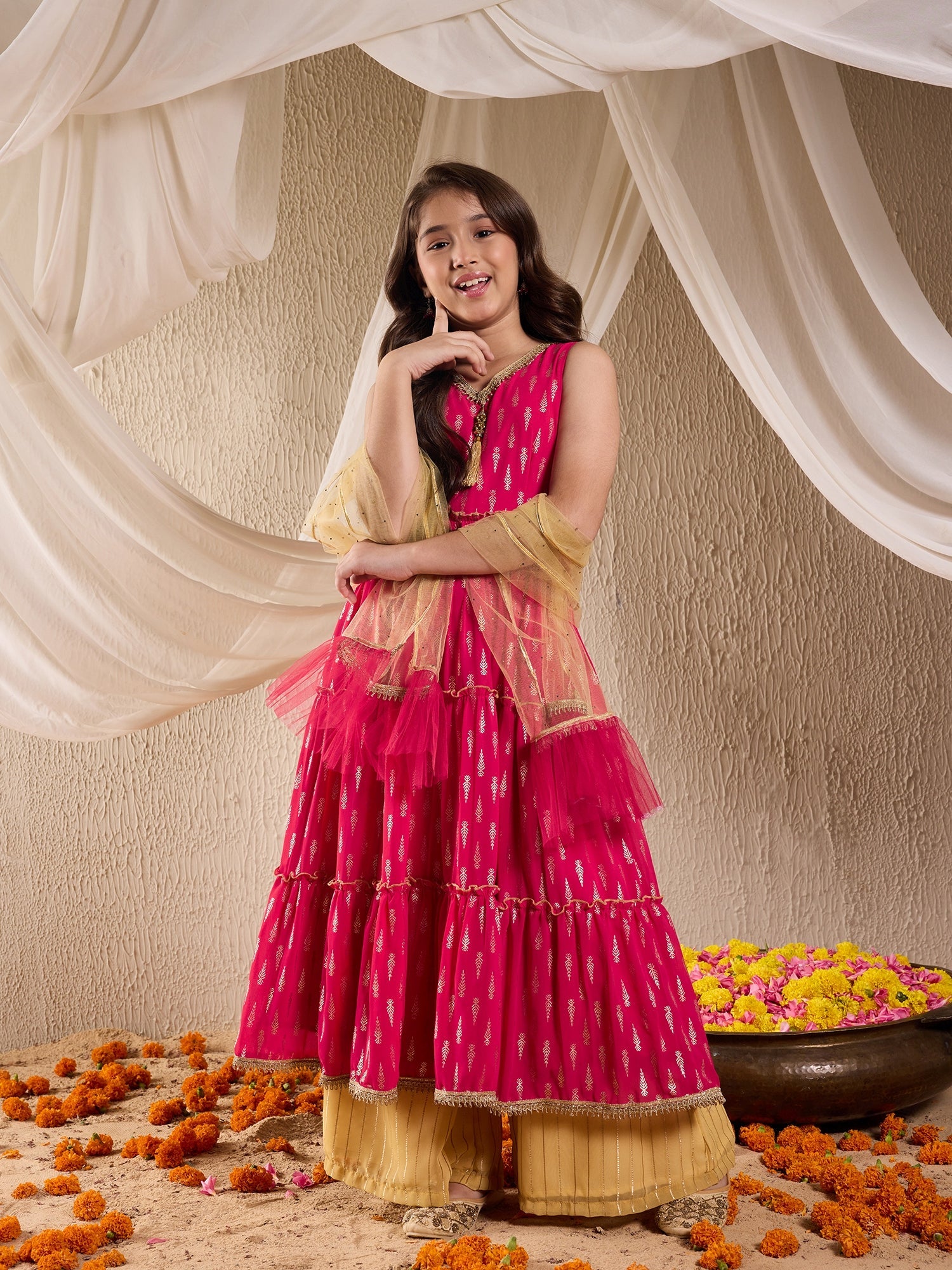 Pspeaches Girls Georgette Sleeveless V Neck Neck Gota Pati Embellished Lehenga Choli Set with Dupatta for Girls (KS-RANIFOIL)