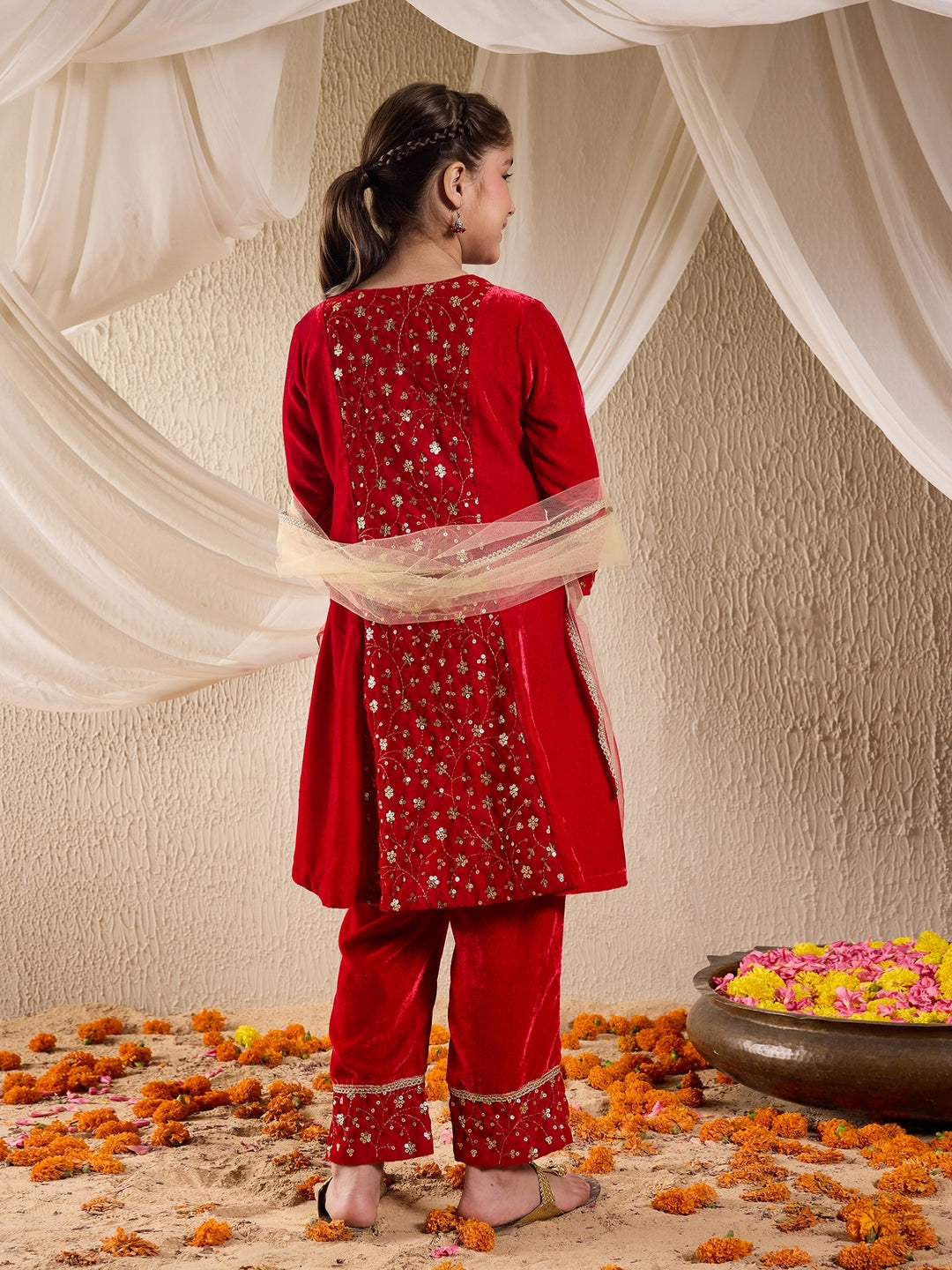Pspeaches Girls Floral Embroidered Sequinned Velvet Kurta With Trousers & Dupatta (KS-REDSEQVELVET)