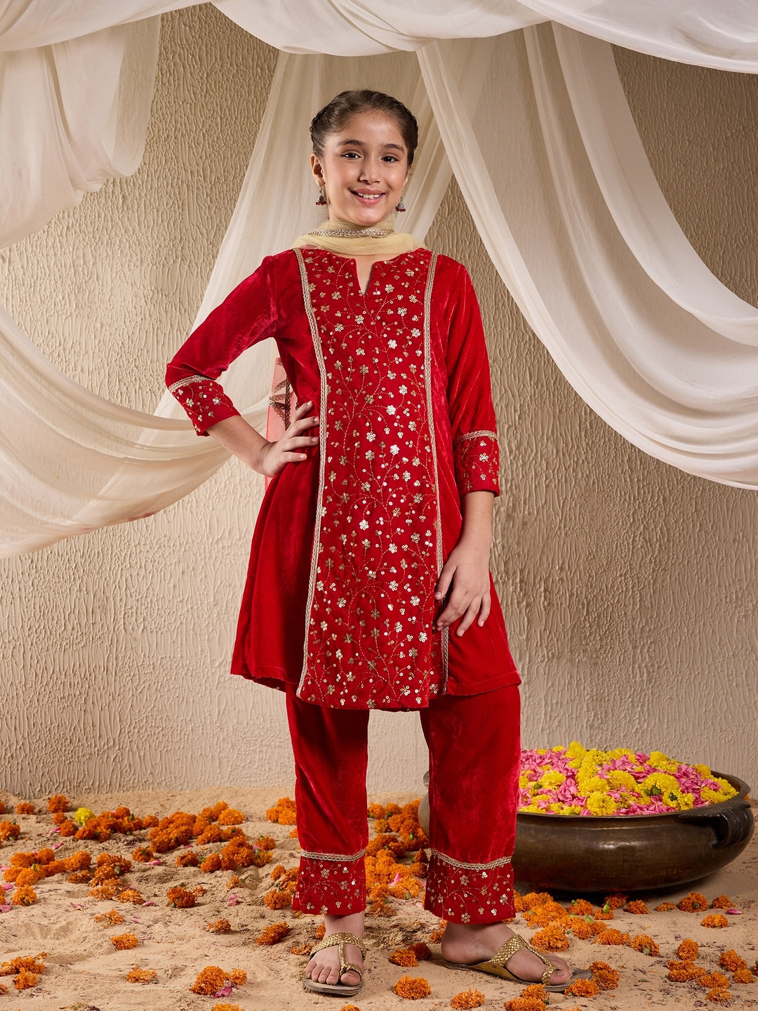 Pspeaches Girls Floral Embroidered Sequinned Velvet Kurta With Trousers & Dupatta (KS-REDSEQVELVET)