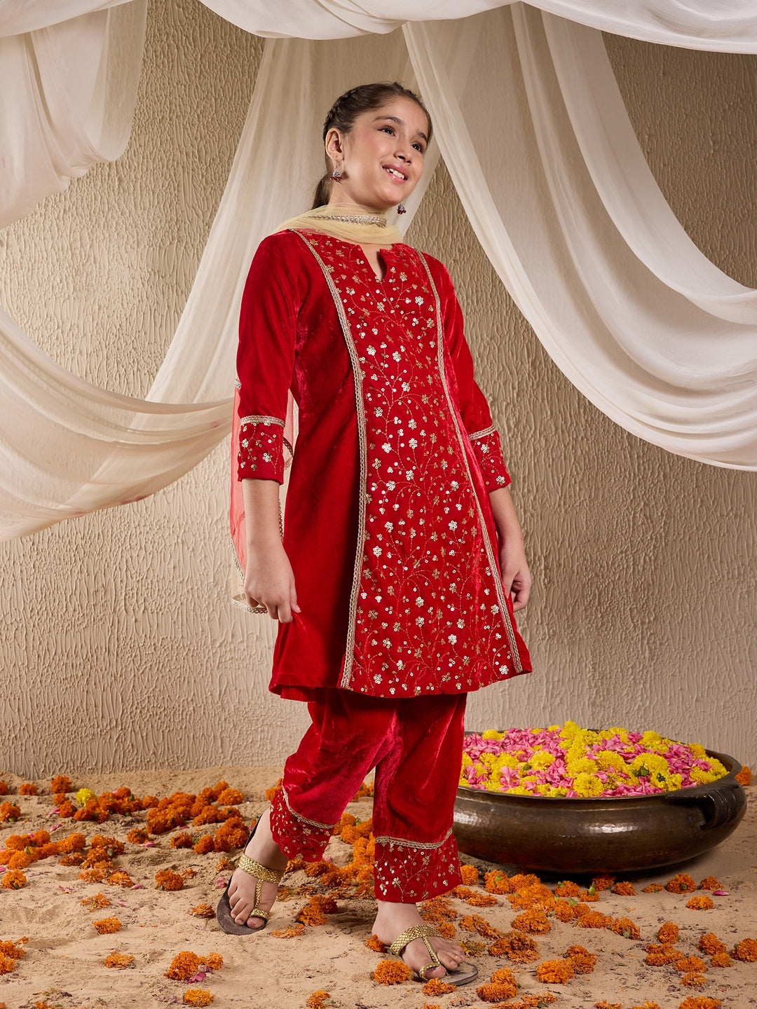 Pspeaches Girls Floral Embroidered Sequinned Velvet Kurta With Trousers & Dupatta (KS-REDSEQVELVET)