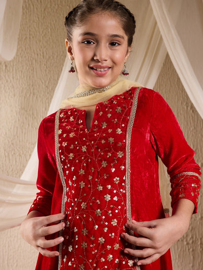 Pspeaches Girls Floral Embroidered Sequinned Velvet Kurta With Trousers & Dupatta (KS-REDSEQVELVET)