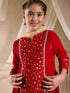 Pspeaches Girls Floral Embroidered Sequinned Velvet Kurta With Trousers & Dupatta (KS-REDSEQVELVET)