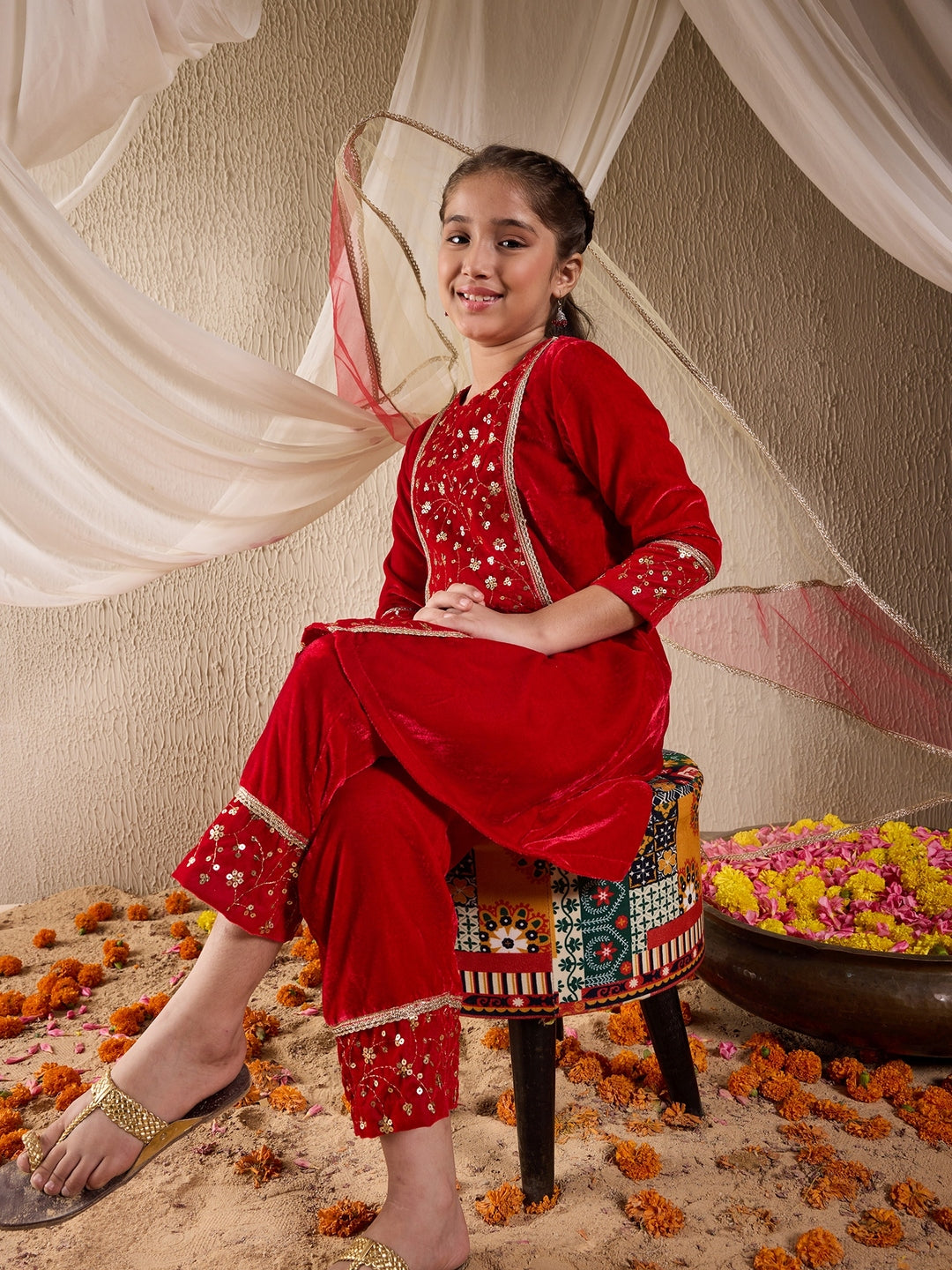 Pspeaches Girls Floral Embroidered Sequinned Velvet Kurta With Trousers & Dupatta (KS-REDSEQVELVET)