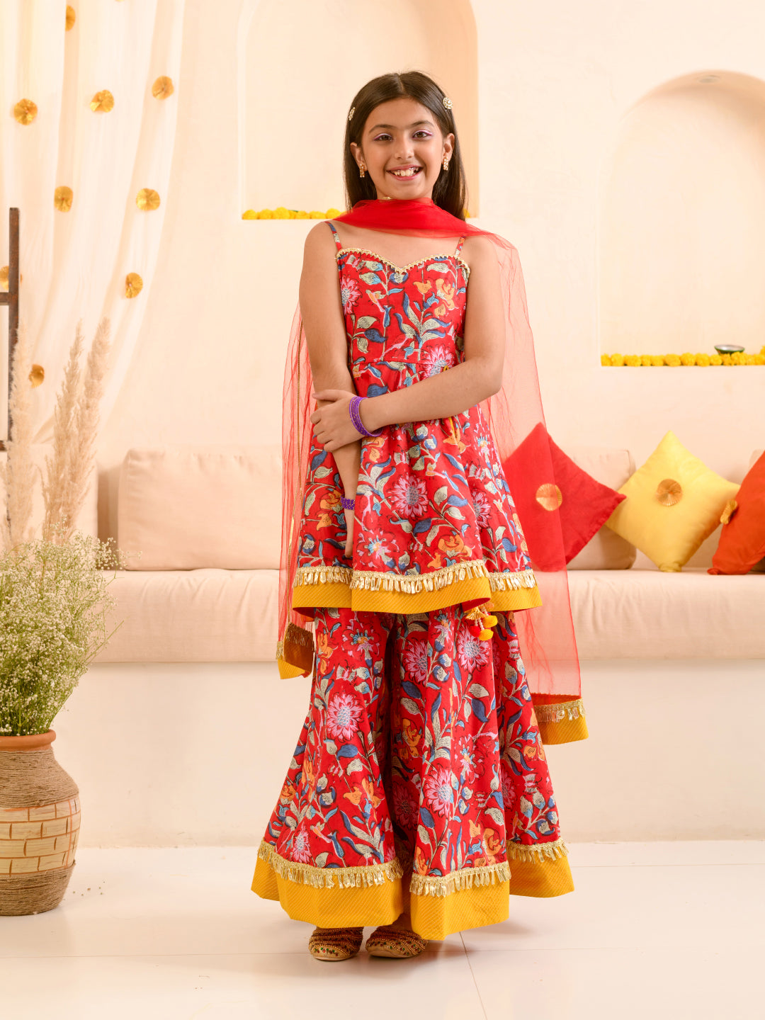 Girls Red Floral Printed Pure Cotton A-Line Kurta With Palazzos Dupatta (KS-REDYELLOWDOBBY)
