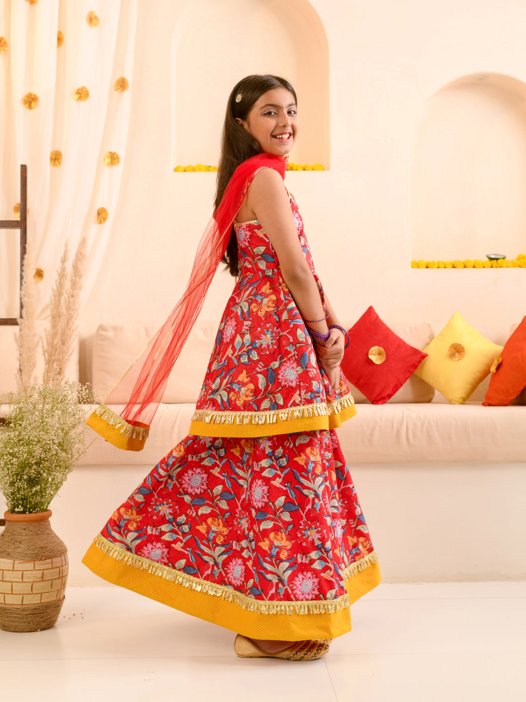 Girls Red Floral Printed Pure Cotton A-Line Kurta With Palazzos Dupatta (KS-REDYELLOWDOBBY)