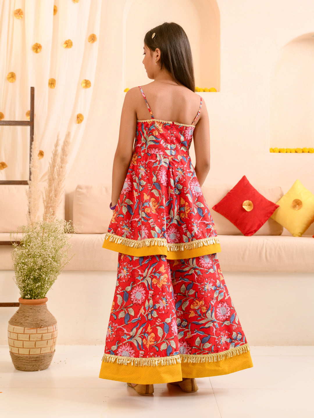 Girls Red Floral Printed Pure Cotton A-Line Kurta With Palazzos Dupatta (KS-REDYELLOWDOBBY)