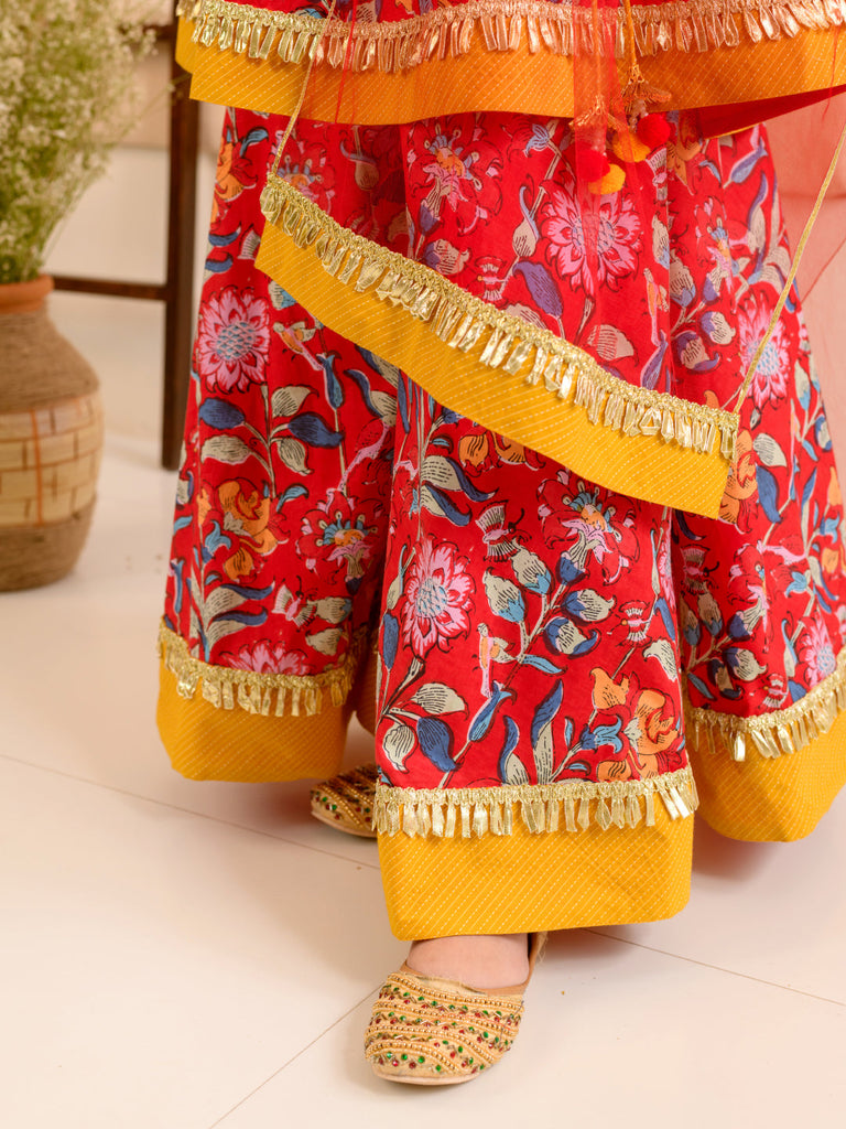 Girls Red Floral Printed Pure Cotton A-Line Kurta With Palazzos Dupatta (KS-REDYELLOWDOBBY)