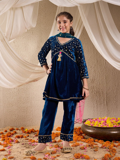 Pspeaches Girls Floral Embroidered Sequinned Velvet Kurta With Trouser & Dupatta (KS-TEALSEQVELVET)