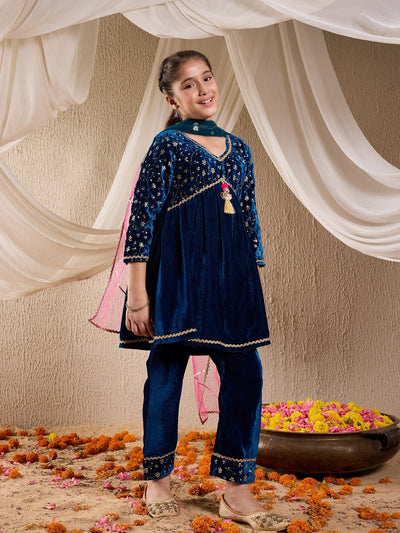 Pspeaches Girls Floral Embroidered Sequinned Velvet Kurta With Trouser & Dupatta (KS-TEALSEQVELVET)