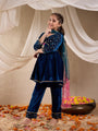 Pspeaches Girls Floral Embroidered Sequinned Velvet Kurta With Trouser & Dupatta (KS-TEALSEQVELVET)