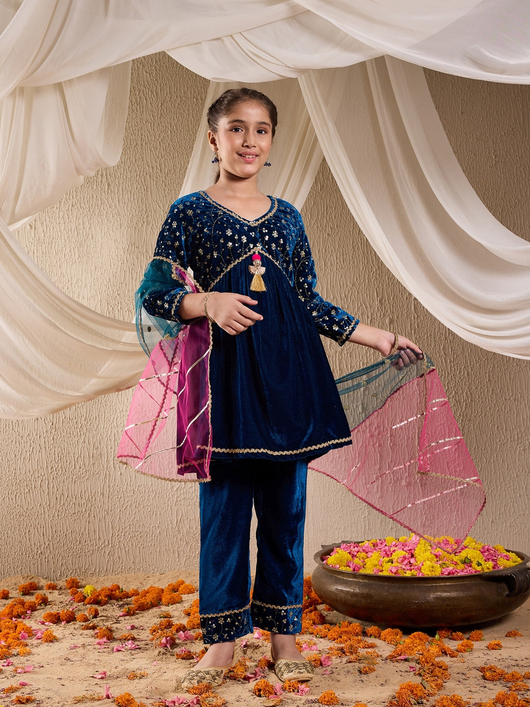 Pspeaches Girls Floral Embroidered Sequinned Velvet Kurta With Trouser & Dupatta (KS-TEALSEQVELVET)