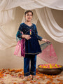 Pspeaches Girls Floral Embroidered Sequinned Velvet Kurta With Trouser & Dupatta (KS-TEALSEQVELVET)