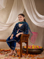 Pspeaches Girls Floral Embroidered Sequinned Velvet Kurta With Trouser & Dupatta (KS-TEALSEQVELVET)