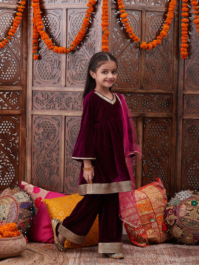 Girls Gotta Patti Velvet Kurta With Palazzos & Dupatta (KS-WINEVELVET)