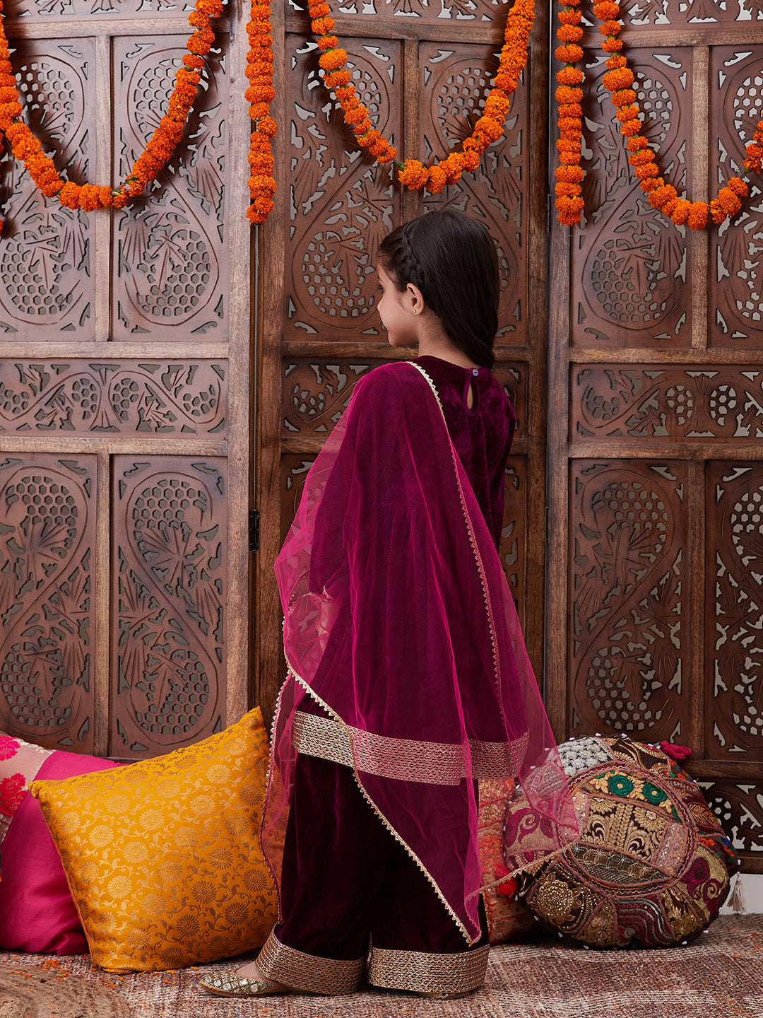 Girls Gotta Patti Velvet Kurta With Palazzos & Dupatta (KS-WINEVELVET)